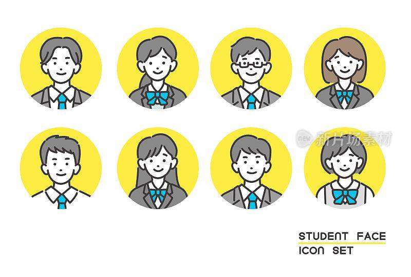 简单易用的矢量插图的学生的脸图标在西装制服/制服/高中生/初中生/补习班
